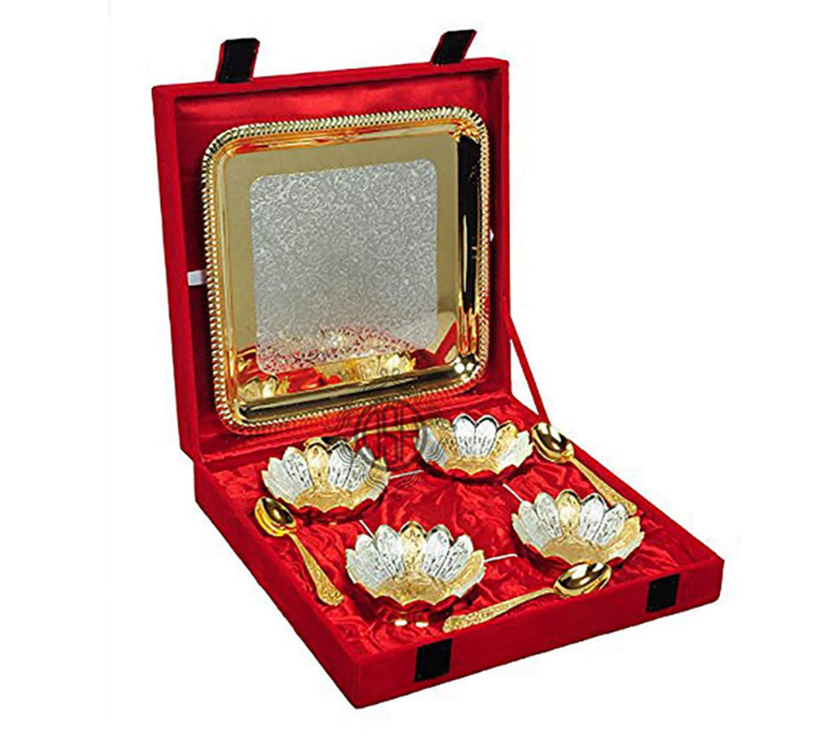 DSH Metal Bowl Set with Spoon, Tray and Velvet Box for Wedding Return Gifts and Festive Gifting-Set of 9