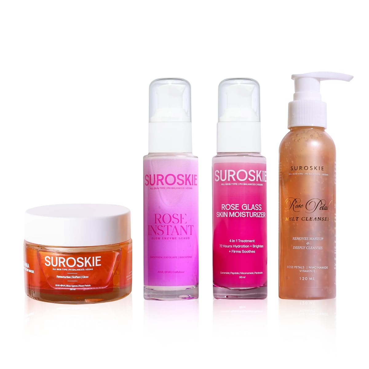 Suroskie K Beauty Combo (Pack of 4) | Rose Instant Face Scrub (50ml) + Rose Petals Melt Cleanser (120ml) + Rosanna Face Mask + Glass Skin Moisturizer | for Men & Women