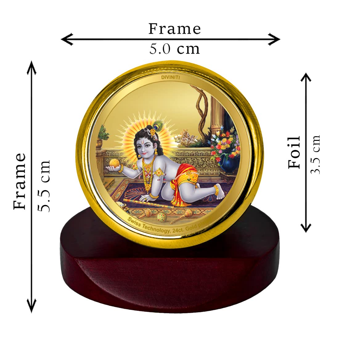 DIVINITI Laddu Gopal Photo Frame for Car Dashboard, Car Idol, Table Decor|MCF 1C Gold Frame with 24K Gold Plated Foil|Religious Frame For Pooja, Prayer and Gift (5.5X5.0 CM)
