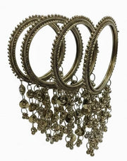 NMII Gold Plated Ghungroo Charm Kada Set for Women & Girls | Antique Traditional Coin & Bead Hanging Kangan | Ethnic Bridal Wedding Jewelry | Festive Parties | Trending Bangles For Gift – Set Of 4