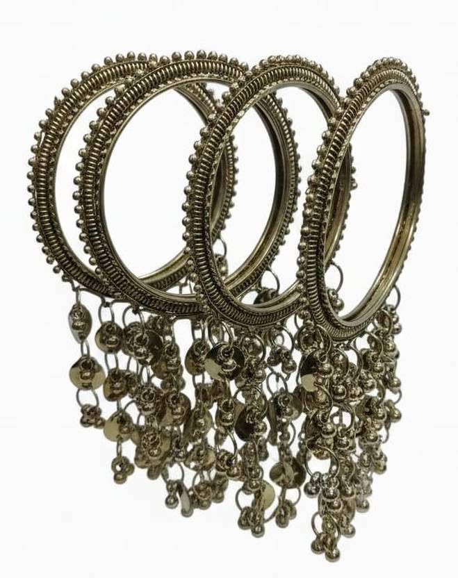 NMII Gold Plated Ghungroo Charm Kada Set for Women & Girls | Antique Traditional Coin & Bead Hanging Kangan | Ethnic Bridal Wedding Jewelry | Festive Parties | Trending Bangles For Gift – Set Of 4
