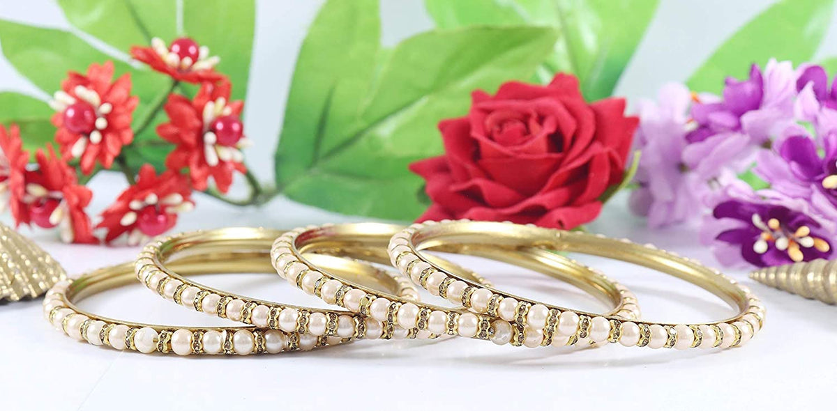 NMII Non-Precious Metal Base Metal with Zircon Gemstone Or Pearl Studded worked Glossy Finished Kada Set For Women and Girls