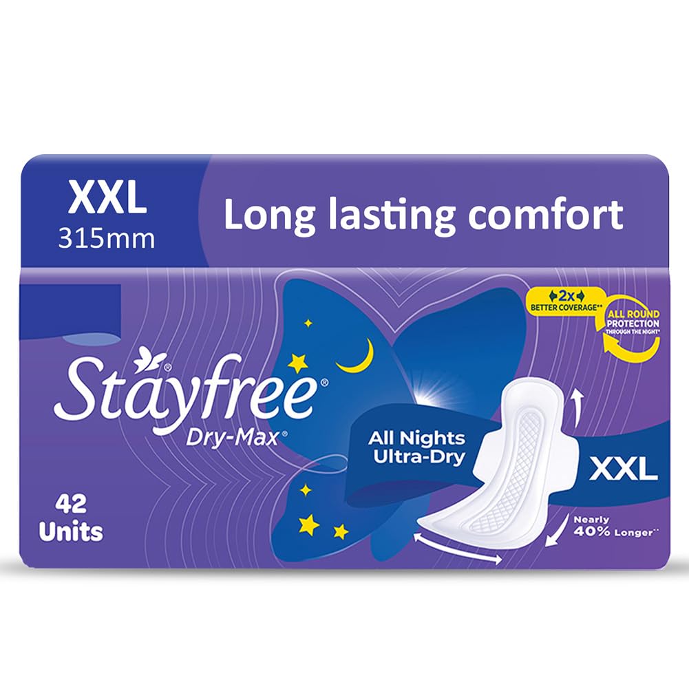 Stayfree Dry Max All Night XXL Sanitary Pads For Women | 42 Pads | Dry Cover | Provides Dry Feel for Up to 12 Hours | Super Lock Gel Pockets to Absorb Heavy Flow