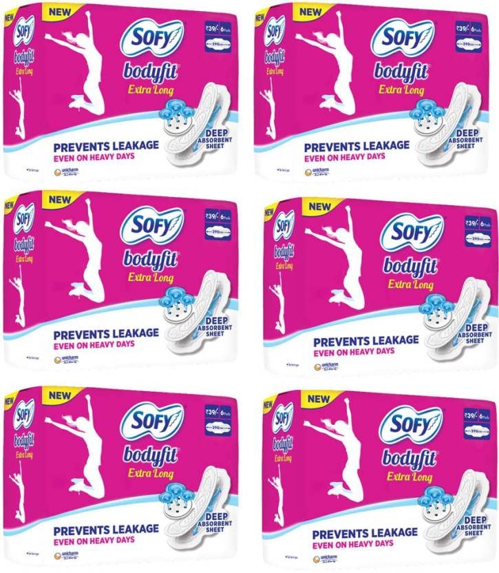 SOFY BodyFit Extra Large AntiBActiria Sanitary Pad (Pack of 6, 6 Pads Each)