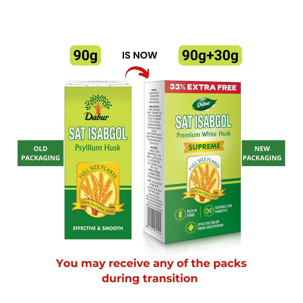 Dabur Sat Isabgol (Psyllium Husk) - 90g | Rich in Fiber | Provides Effective Relief from Constipation & Bloating | Promotes Bowel Health | Non-Habit Forming | 100% Ayurvedic