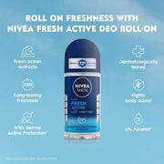 NIVEA MEN Fresh Active 50ml Deo Underarm Roll On | With Fresh Ocean Extracts Scent| 72 H Freshness| 0% Alcohol | Dermatologically Approved & Paraben Free Formula