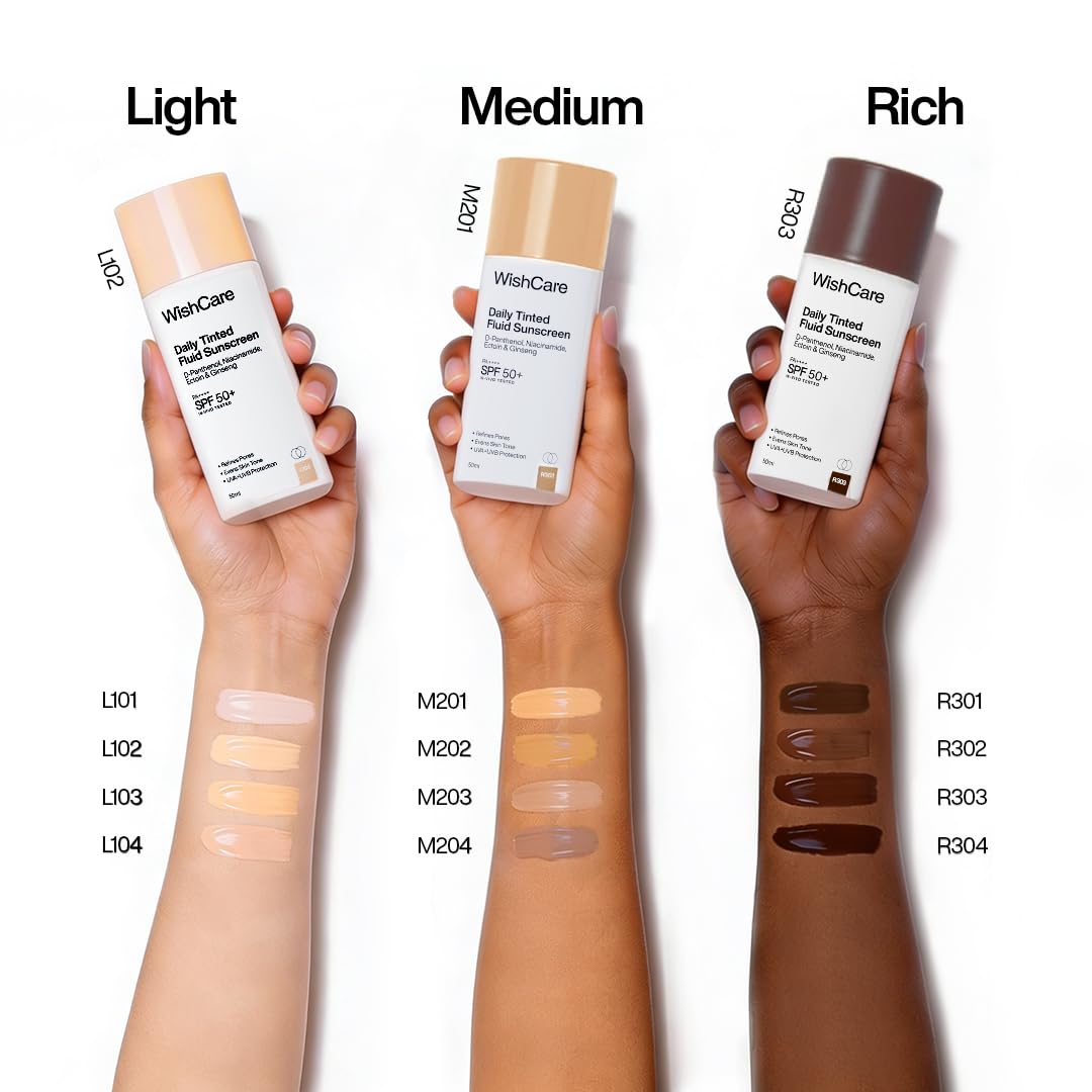 WishCare Daily Fluid Tinted Sunscreen SPF50 PA++++ | R302 | Broad Spectrum Protection for all skin types | In-Vivo Tested Tinted Sun Screen | D-Panthenol, Niacinamide, Ectoin & Ginseng | Evens & Protects | 50ml