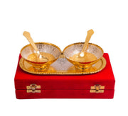 DSH Silver and Gold Plated Snacks and Dessert Bowl with Spoon and Tray Set for Home Decor Item with Velvet Box