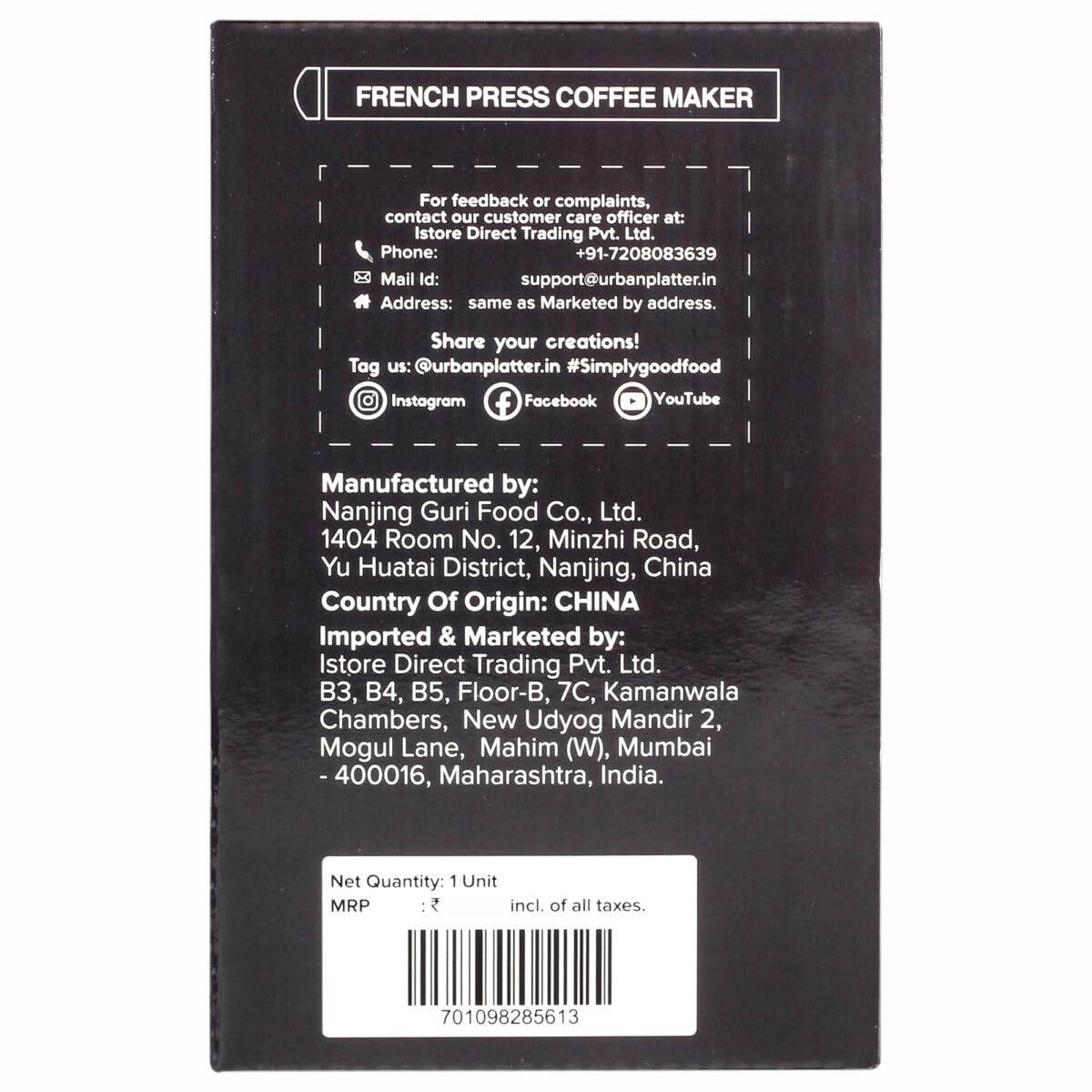 Urban Platter French Press Coffee Maker Pot, 850ml [Toughened Boron Glass, Stainless Steel Plunger]