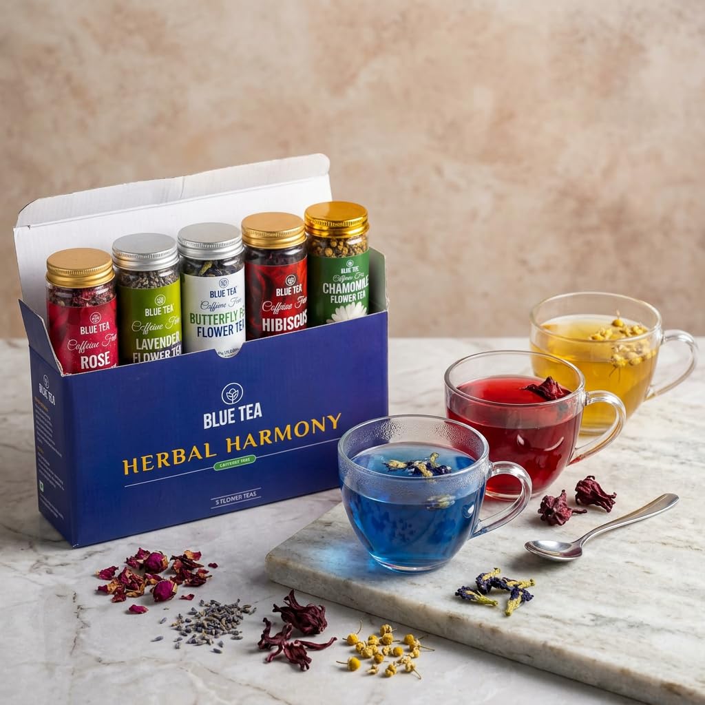 BLUE TEA - Herbal Harmony Tea Gift 2025 (5 Flavour Tea - 160gm) | Butterfly Pea, HIbiscus, Rose, Chamomile, Lavender | Caffeine Free - Herbal Tea