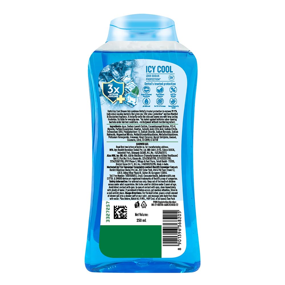 Dettol Body Wash and Shower Gel for Women and Men, Cool - 250ml | Soap-Free Bodywash | 12h Odour Protection