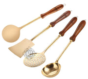 DSH Pure Brass Spoon Set for Cooking and Serving Spoon with Wooden Handle (Set of-4) Multipurpose Brass Serving Set for Kitchen.(BR-CSPN-4P)