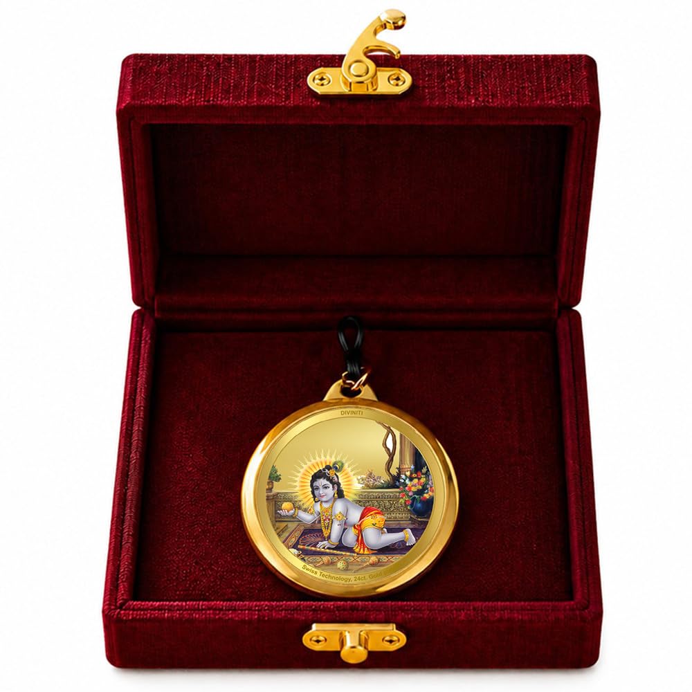DIVINITI 24K Gold Plated Double-Sided Religious Pendant with Premium Gift Box, Spiritual Locket for Men & Women, Devotional Jewellery for Gifting & Everyday Wear | Radha Krishna & Laddu Gopal