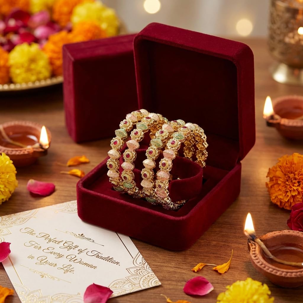 NMII Traditional Gold Plated Metal with Red Zircon GemStone Bangles Set For Girls & Women | Premium Rajwadi Kangan Set | Girl's Bangles Bracelet | Stylish Kada For Women
