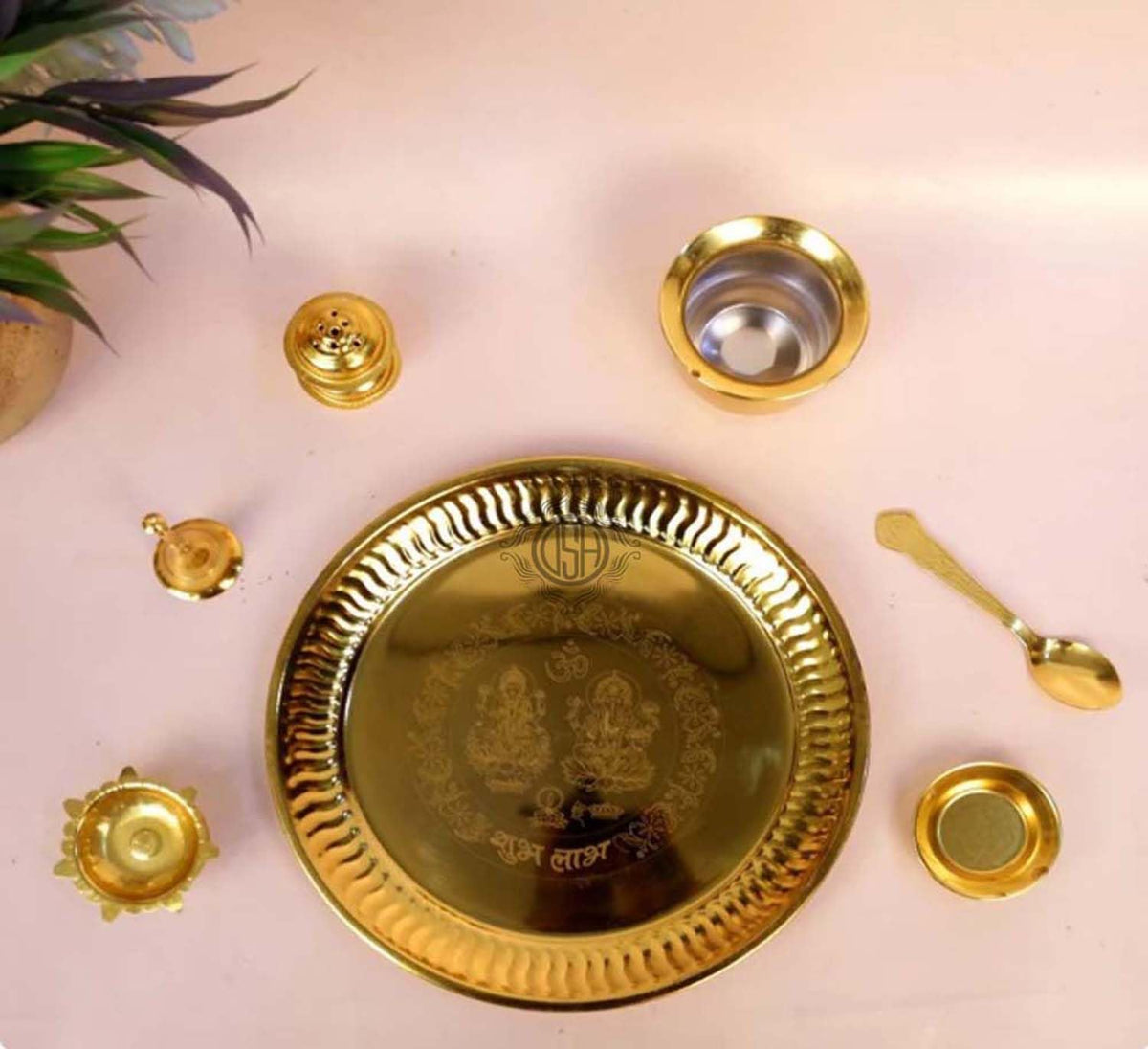 DSH Pure Brass Pooja Thali Plate Set of 7 Special Puja Thali For Diwali Pooja Daily Home Mandir And Diwali Gifting (Gold)