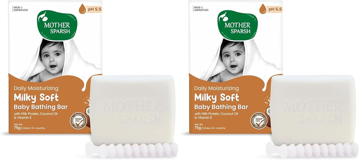 Mother Sparsh Milky Baby Bathing Soap Bar - 75g | Hypoallergenic pH 5.5 | Tear-Free Formulation | Prevents Dryness (Pack of 2)