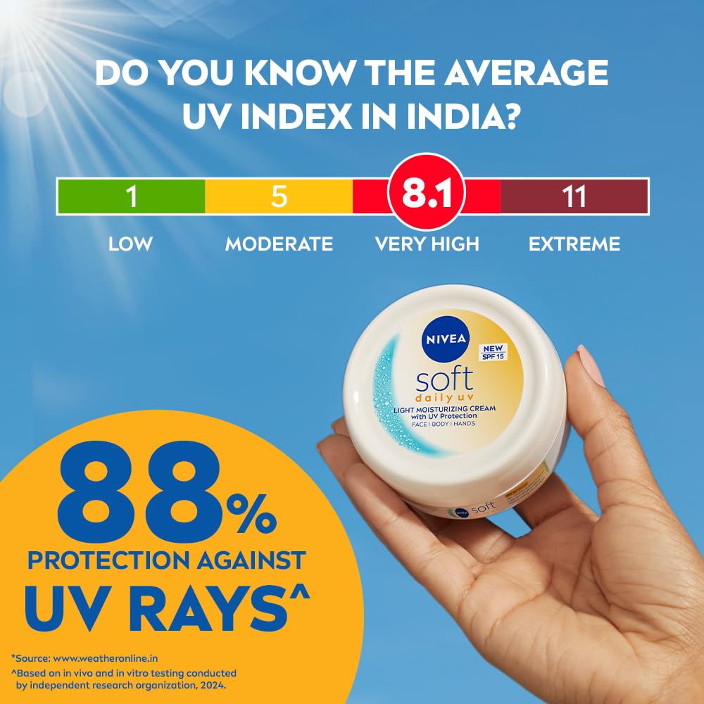 NIVEA Soft Daily SPF 15 Moisturizer | 88% UV Protection | Face & Body Cream for Healthy Glow in 5 Days | No White Cast | Vitamin E & Shea Butter | Lightweight, Quick Absorbing | 72H Hydration | 300ml