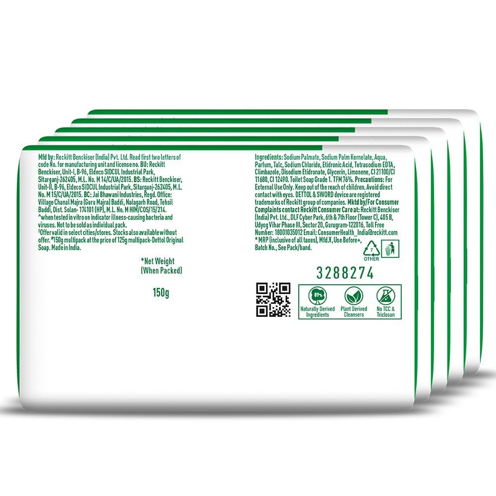Dettol Original Bathing Soap Bar with 12 HR protective shield (750gm) | Kills 99.99% Germs, 150g (Pack of 5)