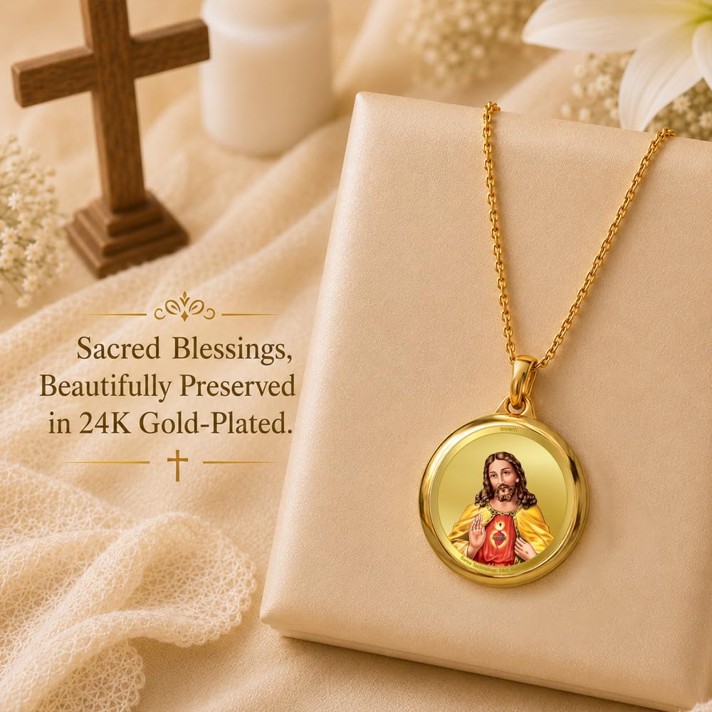 DIVINITI 24K Gold Plated Double-Sided Religious Pendant with Premium Gift Box, Spiritual Locket for Men & Women, Devotional Jewellery for Gifting & Everyday Wear | Jesus Christ & Holy Cross - CLR Pendant