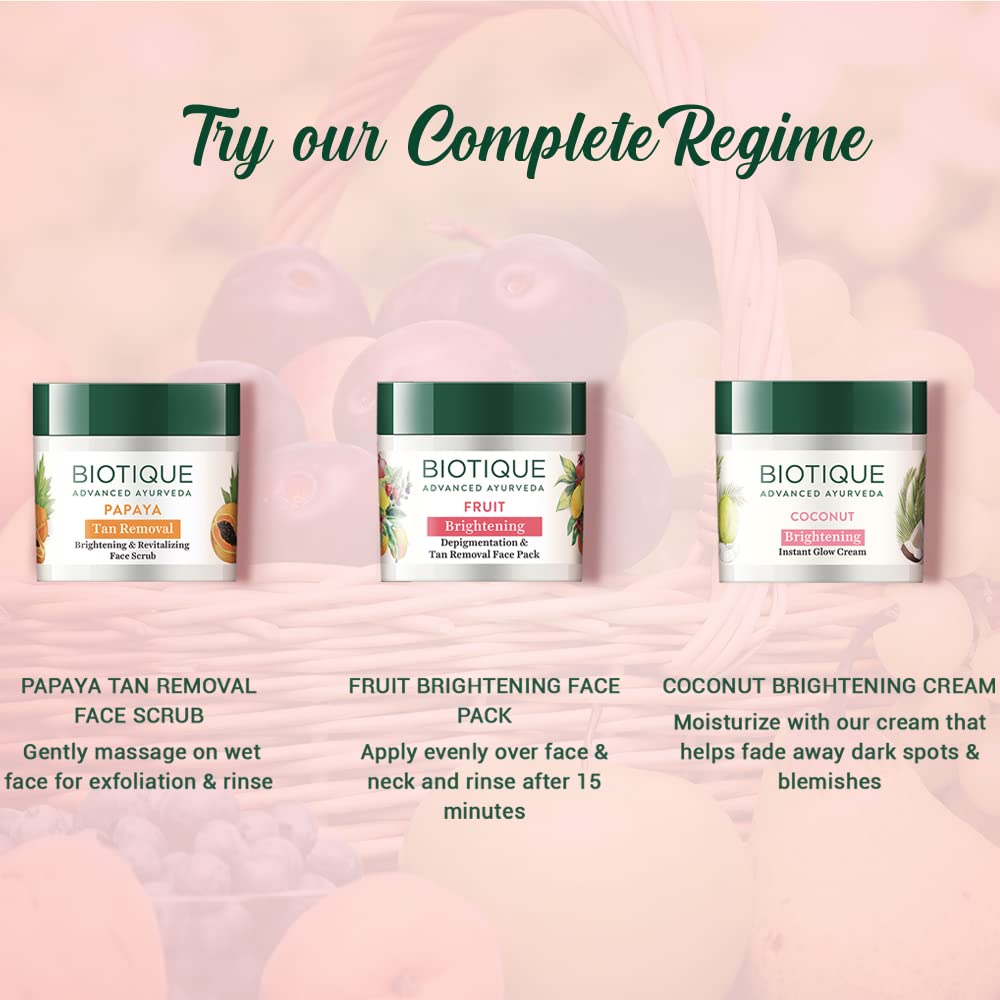 Biotique Fruit Brightening Depigmentation and Tan Removal Face Pack| Ayurvedic and Organically Pure| Tan Removal Face Pack for All Skin Types|100% Botanical Extracts| 75gm
