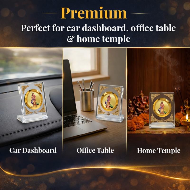 DIVINITI 24K Gold Plated Lord Murugan Acrylic Frame for Car Dashboard, Home Temple & Office Table | Premium Spiritual Gift, Blessings for Protection & Positivity, 8x7 cm Decorative Showpiece