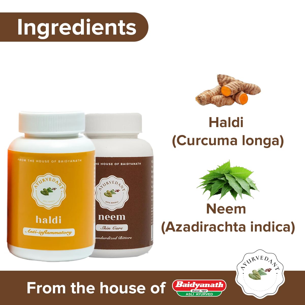 Ayurvedant Neem & Turmeric Tablets Combo Pack | 60 Tablets Each | Herbal Daily Detox & Immunity Support |From The House Of Baidyanath.