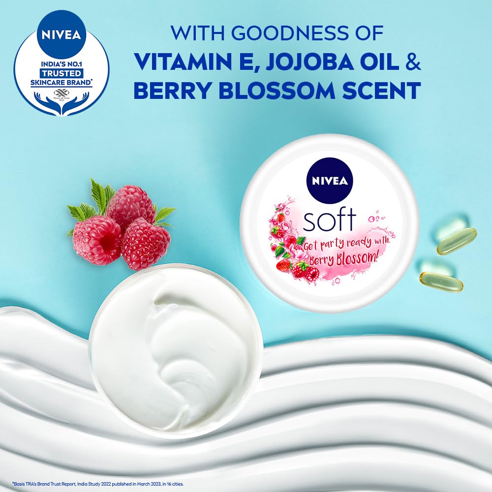 NIVEA Soft Berry Blossom, Light Moisturizer for Face, Hand & Body, Instant Hydration Non-Greasy Cream with Vitamin E & Jojoba Oil, 200 ml
