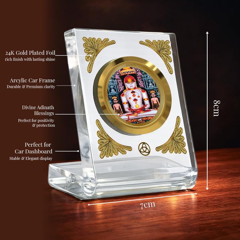 DIVINITI 24K Gold Plated Lord Adinath Acrylic Frame for Car Dashboard, Home Temple & Office Table | Premium Spiritual Gift, Blessings for Protection & Positivity, 8x7 cm Decorative Showpiece