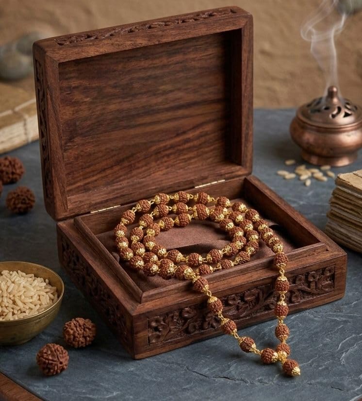 RUDRADIVINE 5 Mukhi Rudraksha Mala, Gold-Plated, 54 Beads, Brown, for Meditation, Yoga, Chanting and Prayer