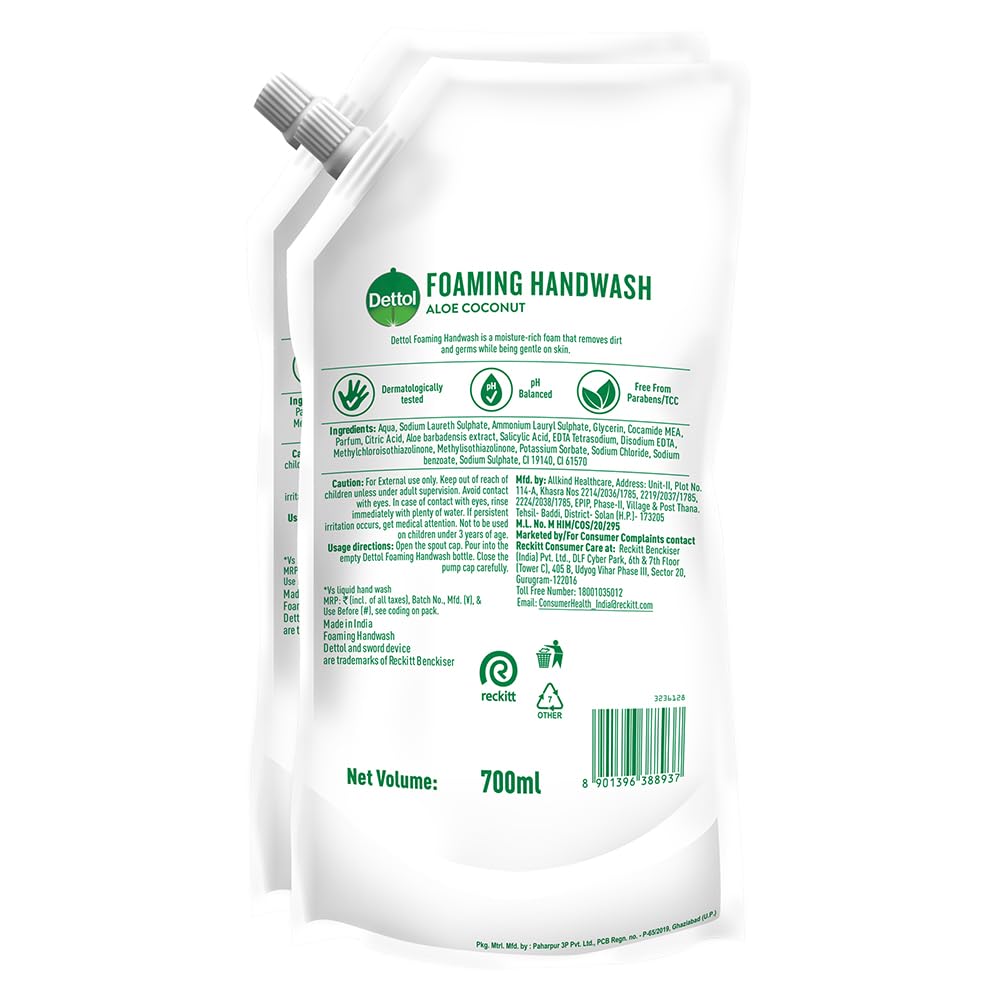 Dettol Foaming Handwash Refill - Aloe Coconut, 700ml (Pack of 2)| Rich Foam | Moisturizing Hand Wash | Soft on Hands