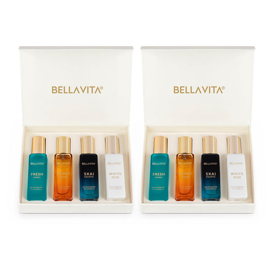 Bella Vita Luxury Long Lasting Unisex Perfume Gift Set|4x20ml (Pack of 2)|Perfume for Man & Woman|Woody, Aquatic, Sweet, Premium Fragrance Scent|SKAI, FRESH, WHITEOUD, HONEY OUD|Unisex Gifts