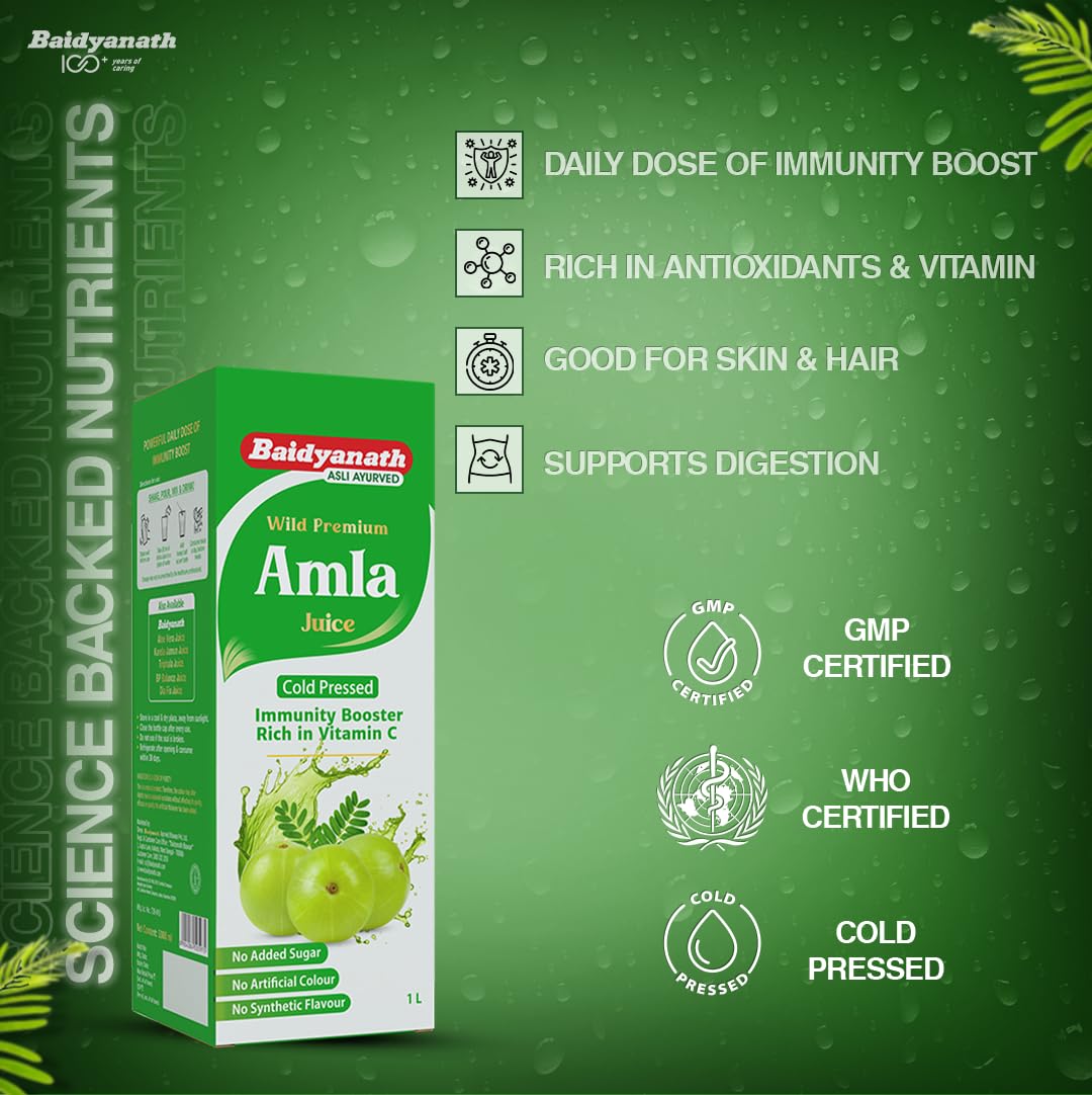 Baidyanath Amla Juice|Pitta-Balancing, Immune-Boosting Juice For Cough, Cold & Seasonal Illnesses|Antioxidant & Vitamin C Rich|Cold-Pressed|Supports Weight Management|1000 Ml