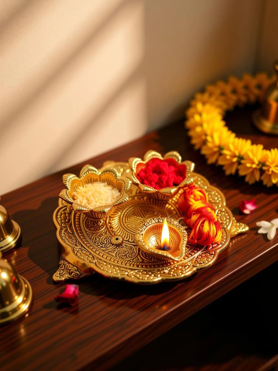 KridayKraft Metal Pooja Thali with Diya for Pooja Home/Temple/Mandir,Decorative Showpiece Pooja Thali Set for Diwali Poojan Wedding Gift Article