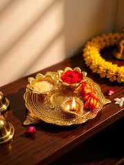 KridayKraft Metal Pooja Thali with Diya for Pooja Home/Temple/Mandir,Decorative Showpiece Pooja Thali Set for Diwali Poojan Wedding Gift Article