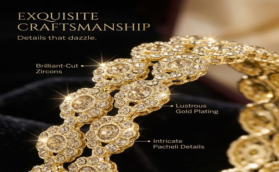 NMII Gold Plated Metal with Zircon Stone Bangles Pacheli Style Trendy Kada Set For Girls & Women | Traditional Rajwadi Bangles | Women's Bangles Bracelet | Kada For Women- Set of 2