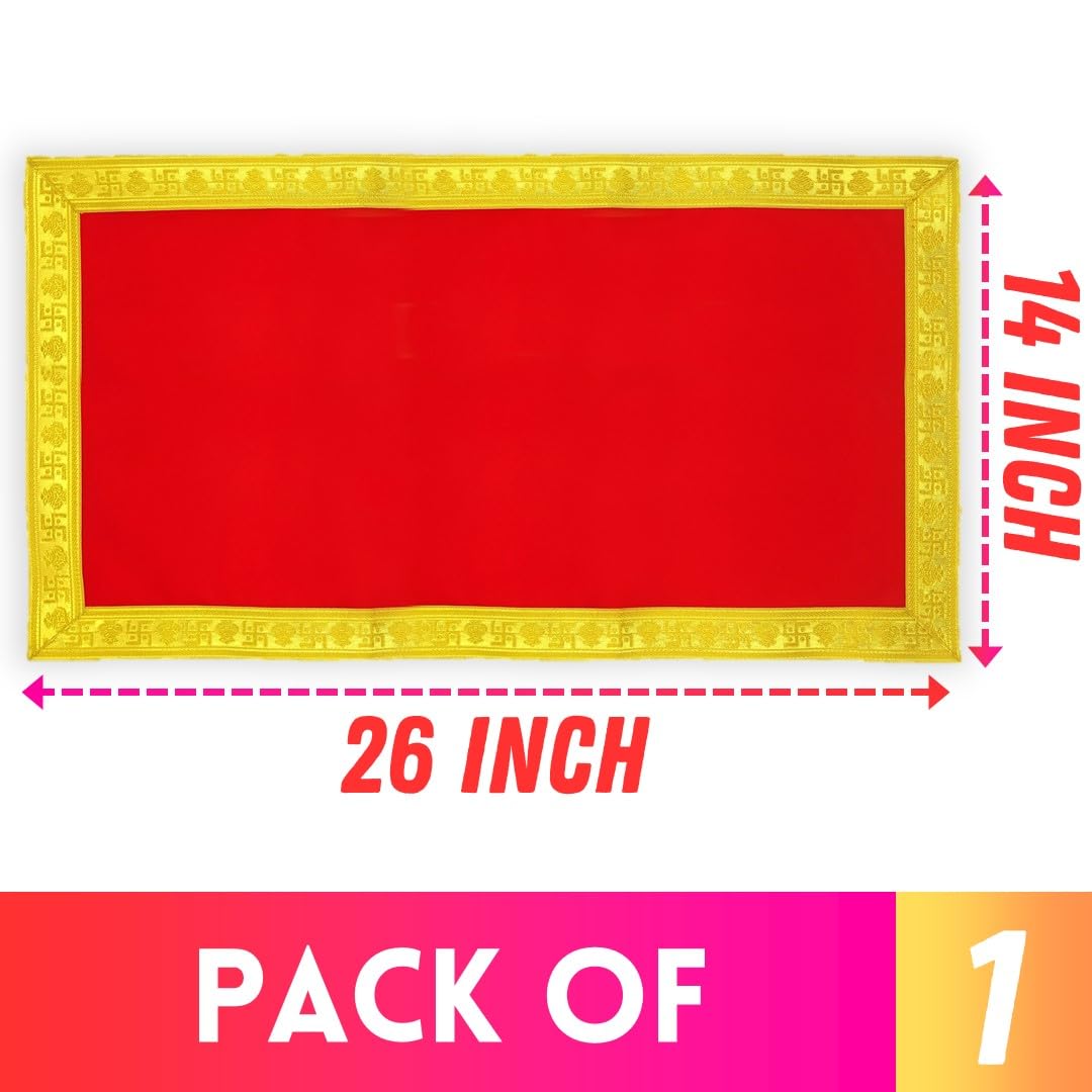Bhakti Lehar Red Velvet Pooja Cloth | Aasan for God Idol Sitting, Mandir Shelf, Puja Chowki Table and Home Temple Decoration - Pack of 1 (14 x 26 Inch)