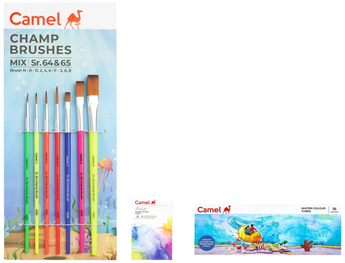 Camel Artist Water Colours Set 5Ml X 12 Shades,Multicolor Student Water Color Tube-5Ml Tubes,18 Shades,Multicolour Plastic Champ Brushes Set of 7 Brushes, Round and Flat