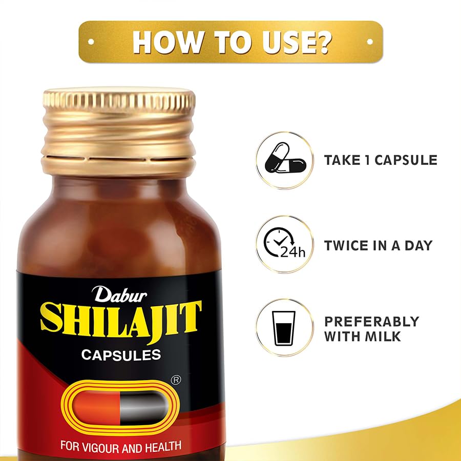 Dabur Shilajit Ayurvedic Capsules - 30 capsules | Pure Shilajit with Antifatigue and Anti Inflammatory Benefits | For Vigour, Strength and Ayuvedic Health | Immunity Booster