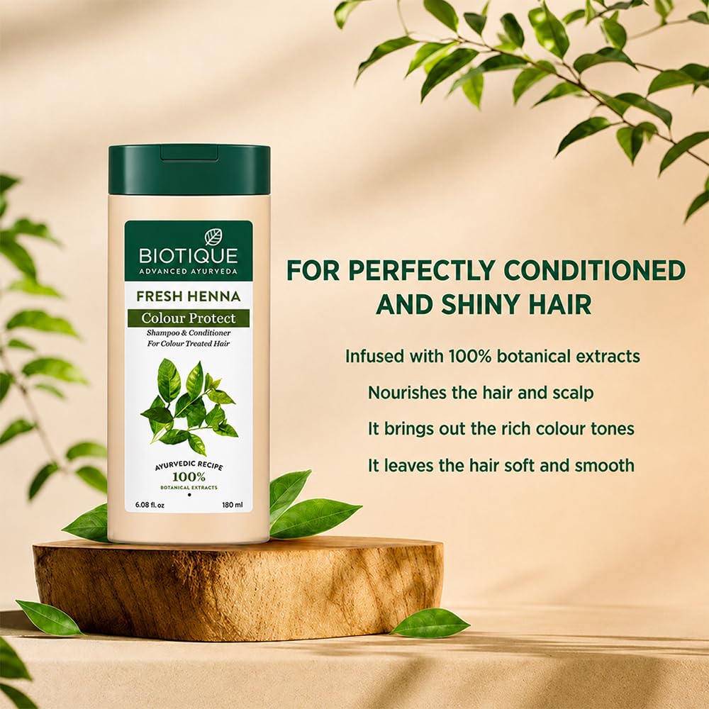 Biotique Fresh Henna Color Protect Shampoo & Conditioner | Gentle Care for Color-Treated Hair | Helps Maintain Hair Color, Strengthen & Nourish Hair | Henna & Botanical Extracts | 180ml