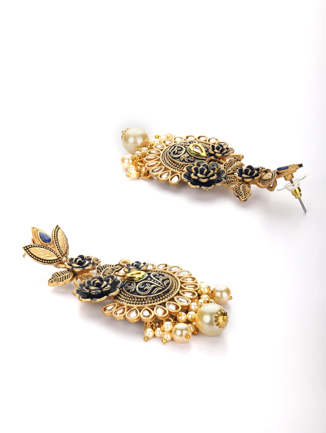 Priyaasi Black Kundan Beads Pearls Gold Plated Floral Drop Earring