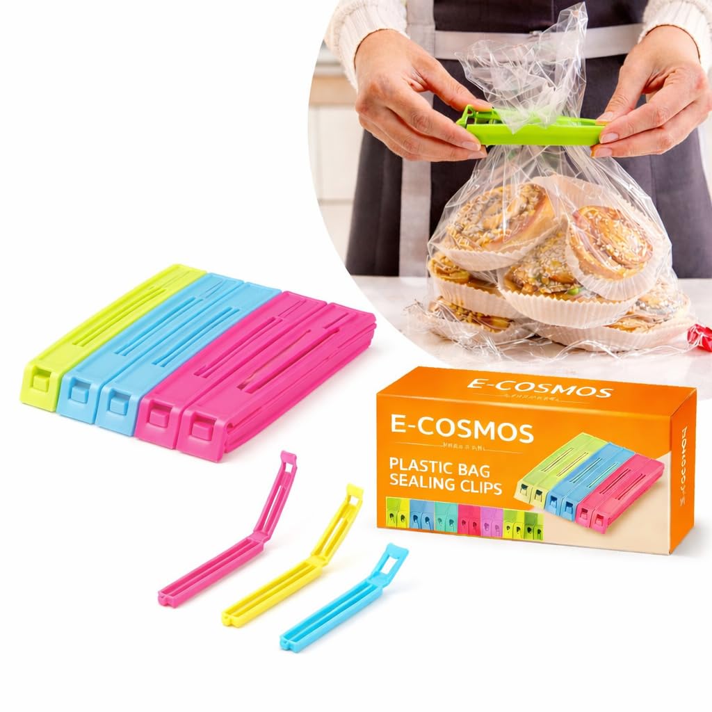 E-COSMOS® 18 Pcs - 3 Different Size Plastic Food Snack Bag Pouch Clip Sealer Large, Medium, Small Plastic Snack Seal Sealing Bag Clips Vacuum Sealer (Set of 18, Multi-Color), Mix Size