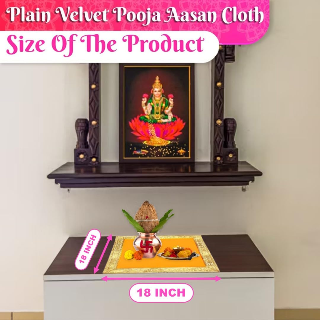 Bhakti Lehar Orange Velvet Pooja Cloth | Aasan for God Idol Sitting, Mandir Shelf, Puja Chowki Table and Home Temple Decoration - Pack of 4 (18 x 18 Inch)