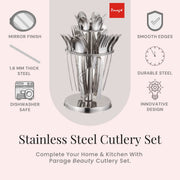 Parage 25 Pieces Beauty Premium Stainless Steel Cutlery Set for Home & Kitchen (Contains: 6 Table Spoons, 6 Forks, 6 Tea Spoons, 6 Dinner Spoons, 1 Stand), Spoon Set, Dining Tableware Fancy- Silver