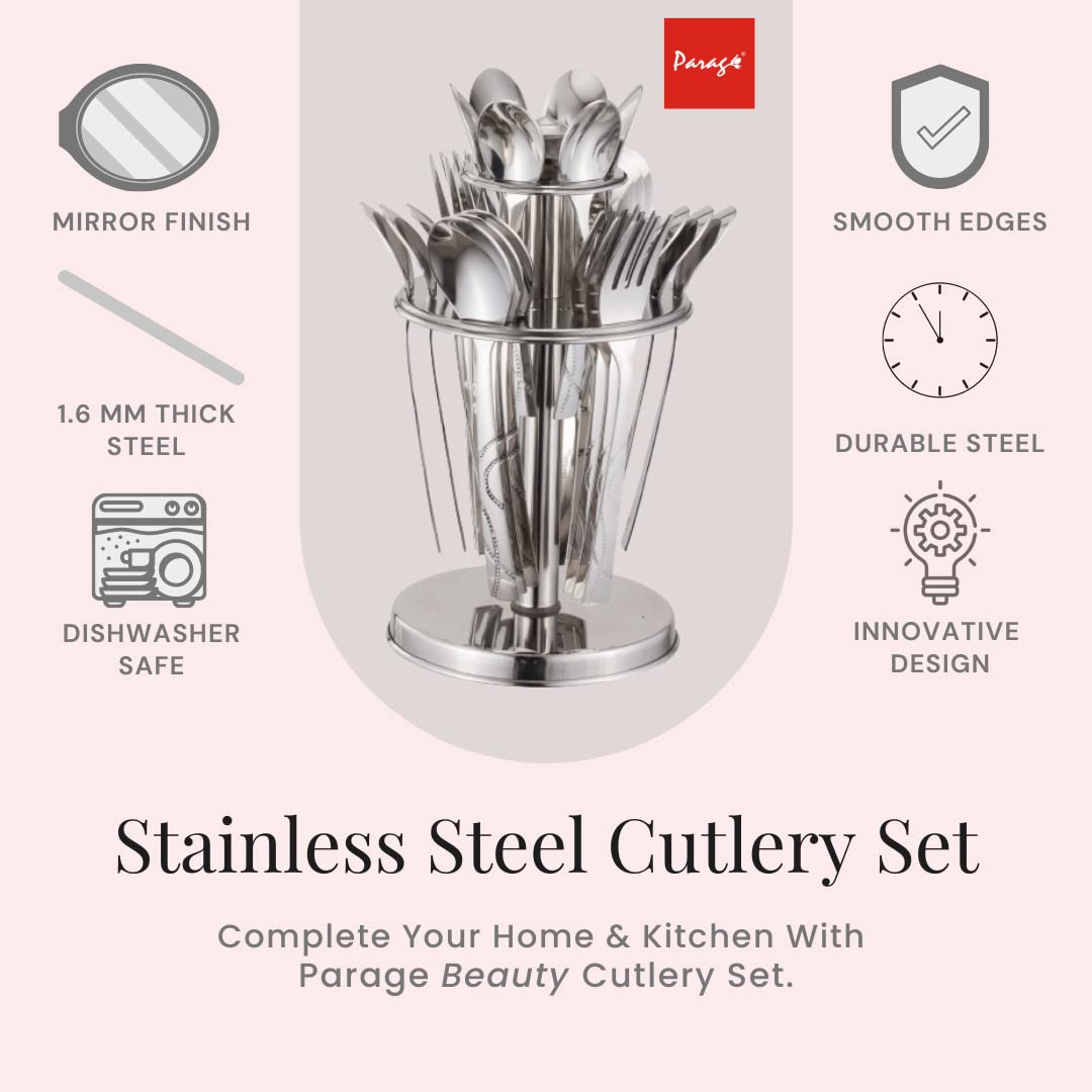 Parage 25 Pieces Beauty Premium Stainless Steel Cutlery Set for Home & Kitchen (Contains: 6 Table Spoons, 6 Forks, 6 Tea Spoons, 6 Dinner Spoons, 1 Stand), Spoon Set, Dining Tableware Fancy- Silver