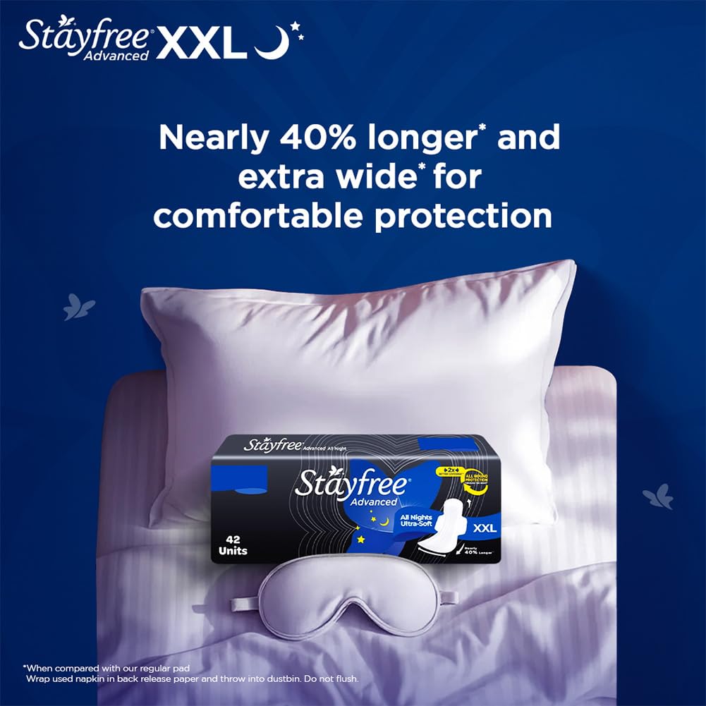 Stayfree Advanced XXL All Night Sanitary Pads For Women | 42 Pads | Ultra Soft Cover | 2x Coverage for All Round Protection | Helps Prevent Rashes & Skin Irritation