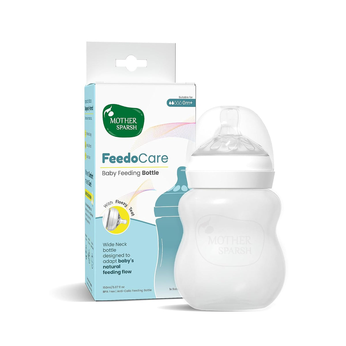 Mother Sparsh FeedoCare 150ml Wide Neck Plastic Baby Feeding Bottle | Ideal for 3 Months+ | Natural Feeding Flow | with Floezy Teat- Releases Milk only When Baby Drinks