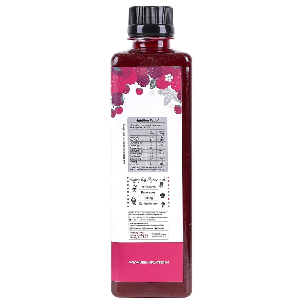 Urban Platter Raspberry Syrup, 500ml / 17fl.oz [Plant-Based, Thick, Real Fruits]