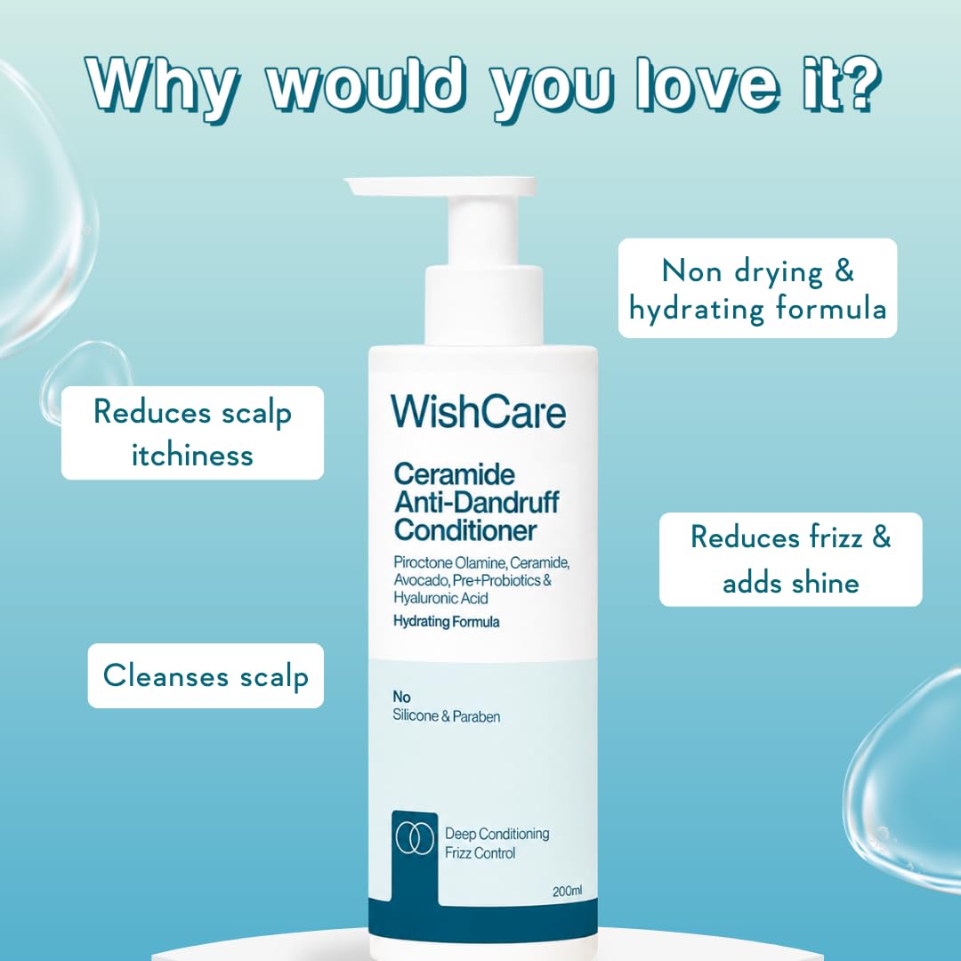 WishCare Ceramide Anti Dandruff Conditioner | Reduces Dandruff & Scalp Itchiness | Conditioner For Dry Hair, Frizzy Hair | With Piroctone Olamine & Hyaluronic Acid | 200ml