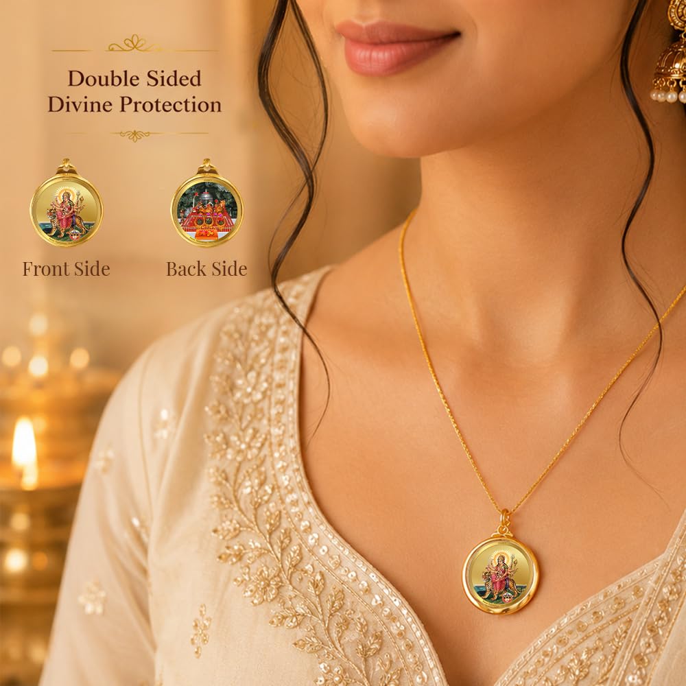 DIVINITI 24K Gold Plated Double-Sided Religious Pendant with Premium Gift Box, Spiritual Locket for Men & Women, Devotional Jewellery for Gifting & Everyday Wear | Durga - Sherawali Mata With Pind & Mata Ka Darbar - CLR Pendant