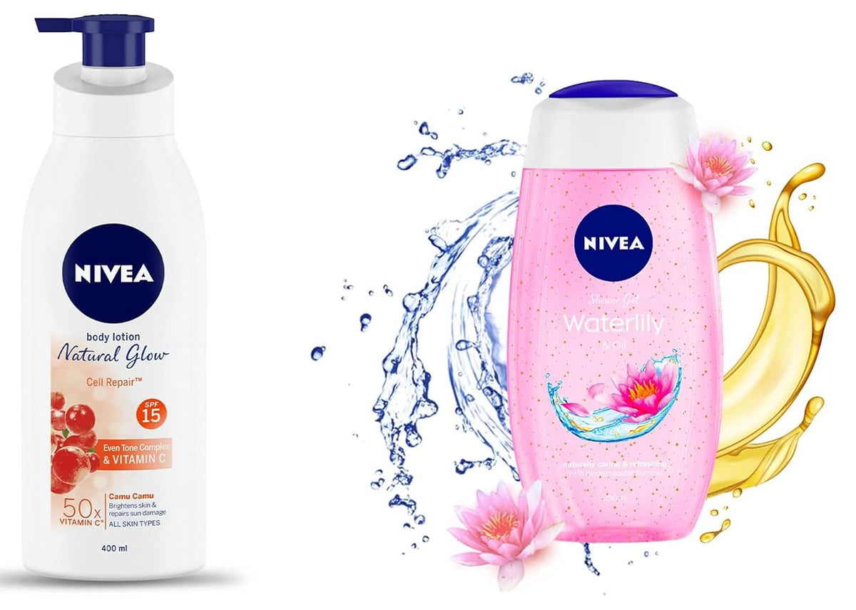 NIVEA Body Lotion, Extra Whitening Cell Repair SPF 15, For All Skin Types, 400ml And NIVEA Shower Gel, Water Lily & Oil Body Wash, Women, 250ml
